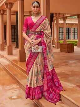 Akhilam - Women Silk Blend Beige Embellished Designer Saree With Unstitched Blouse Piece