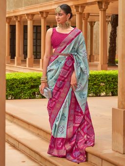 Akhilam - Women Silk Blend Blue Embellished Designer Saree With Unstitched Blouse Piece