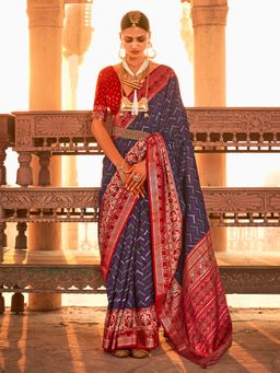 Akhilam - Women Silk Blend Navy Blue Woven Design Designer Saree With Unstitched Blouse Piece