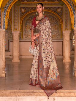 Akhilam - Women Silk Blend Beige Woven Design Designer Saree With Unstitched Blouse Piece
