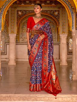 Akhilam - Women Silk Blend Navy Blue Woven Design Designer Saree With Unstitched Blouse Piece