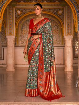 Akhilam - Women Silk Blend Green Woven Design Designer Saree With Unstitched Blouse Piece