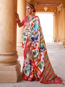 Akhilam - Women Silk Blend Beige Embellished Designer Saree With Unstitched Blouse Piece