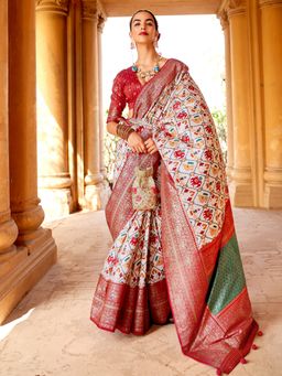 Akhilam - Women Silk Blend Beige Woven Designer Saree With Unstitched Blouse Piece