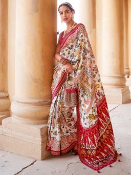 Akhilam - Women Silk Blend Beige Embellished Designer Saree With Unstitched Blouse Piece