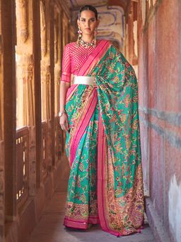 Akhilam - Women Georgette Turquoise Embellished Designer Saree With Unstitched Blouse Piece