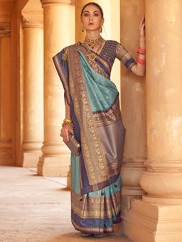 Akhilam - Women Silk Blend Turquoise Woven Design Designer Saree With Unstitched Blouse Piece