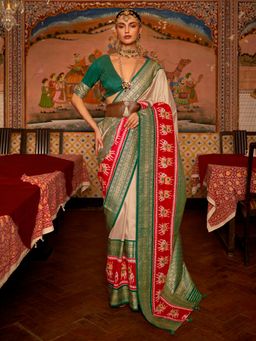 Akhilam - Women Silk Blend Beige Woven Design Designer Saree With Unstitched Blouse Piece
