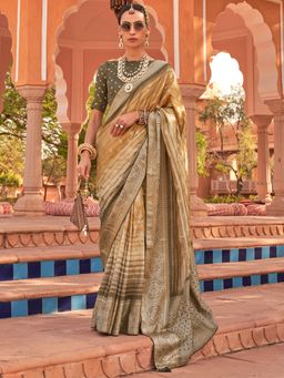 Akhilam - Women Silk Blend Beige Woven Design Designer Saree With Unstitched Blouse Piece