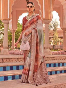 Akhilam - Women Silk Blend Beige Woven Design Designer Saree With Unstitched Blouse Piece