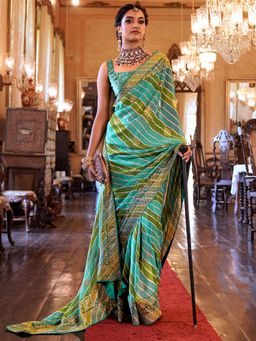 Akhilam - Women Georgette Blue Embellished Designer Saree With Unstitched Blouse Piece