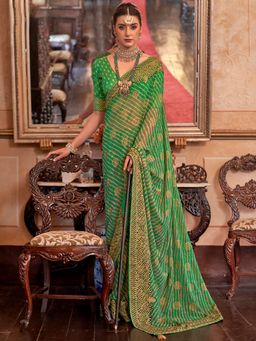 Akhilam - Women Georgette Green Embellished Designer Saree With Unstitched Blouse Piece