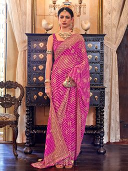 Akhilam - Women Georgette Pink Embellished Designer Saree With Unstitched Blouse Piece