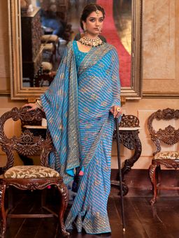 Akhilam - Women Georgette Blue Embellished Designer Saree With Unstitched Blouse Piece