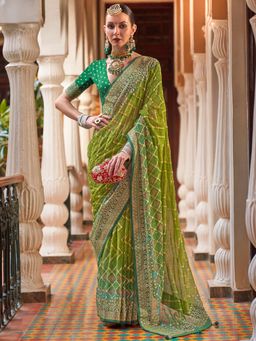 Akhilam - Women Georgette Green Embellished Designer Saree With Unstitched Blouse Piece