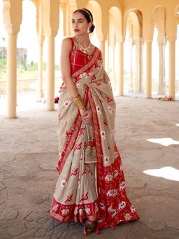 Akhilam - Women Silk Blend Beige Embellished Designer Saree With Unstitched Blouse Piece