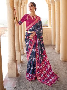 Akhilam - Women Silk Blend Navy Blue Embellished Designer Saree With Unstitched Blouse Piece