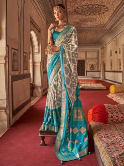 Akhilam - Women Silk Blend Cream And Blue Designer Saree With Unstitched Blouse Piece