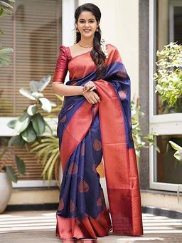 Akhilam - Women Silk Blend Navy Blue Woven Design Designer Saree With Unstitched Blouse Piece