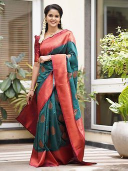 Akhilam - Women Silk Blend Teal Blue Woven Design Designer Saree With Unstitched Blouse Piece