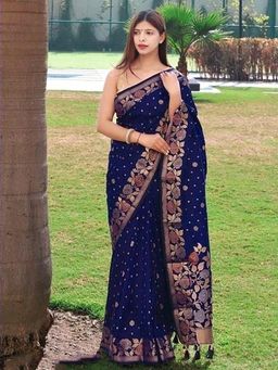 Akhilam - Women Silk Blend Navy Blue Woven Design Designer Saree With Unstitched Blouse Piece