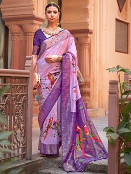 Akhilam - Women Silk Blend Lavender Woven Design Designer Saree With Unstitched Blouse Piece