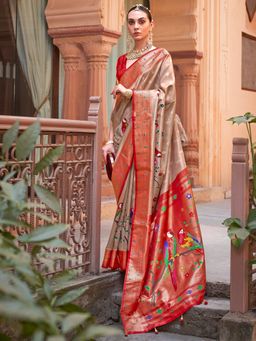Akhilam - Women Silk Blend Beige Woven Design Designer Saree With Unstitched Blouse Piece