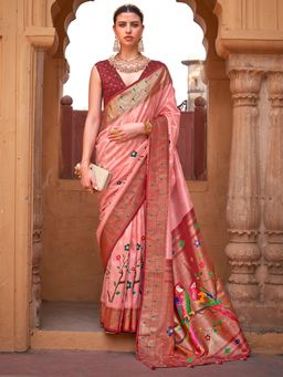 Akhilam - Women Silk Blend Peach Woven Design Designer Saree With Unstitched Blouse Piece
