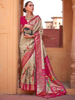 Akhilam - Women Silk Blend Beige Woven Design Designer Saree With Unstitched Blouse Piece