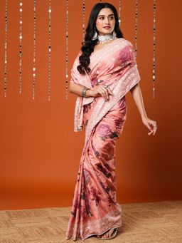 Akhilam - Women Dola Silk Peach Embroidered Designer Saree With Unstitched Blouse Piece