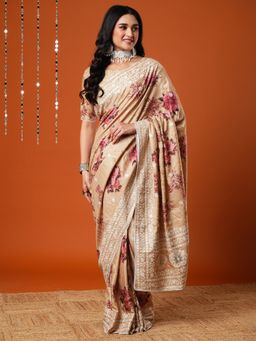 Akhilam - Women Dola Silk Beige Embroidered Designer Saree With Unstitched Blouse Piece