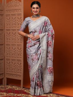 Akhilam - Women Dola Silk Grey Embroidered Designer Saree With Unstitched Blouse Piece