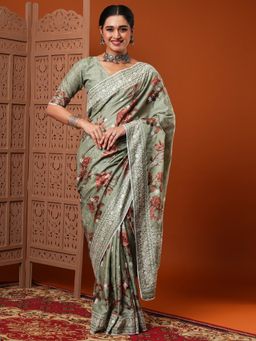 Akhilam - Women Dola Silk Sea Green Embroidered Designer Saree With Unstitched Blouse Piece