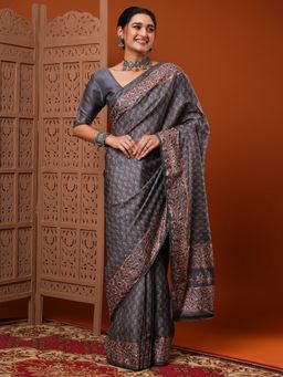 Akhilam - Women Dola Silk Grey Embroidered Designer Saree With Unstitched Blouse Piece