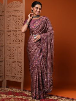 Akhilam - Women Dola Silk Mauve Embroidered Designer Saree With Unstitched Blouse Piece
