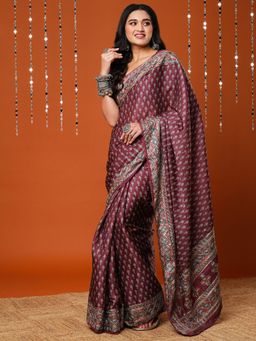 Akhilam - Women Dola Silk Burgundy Embroidered Designer Saree With Unstitched Blouse Piece