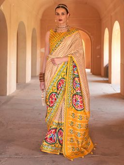 Akhilam - Women Silk Blend Beige Embellished Designer Saree With Unstitched Blouse Piece
