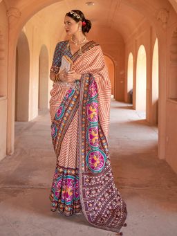 Akhilam - Women Silk Blend Peach Embellished Designer Saree With Unstitched Blouse Piece