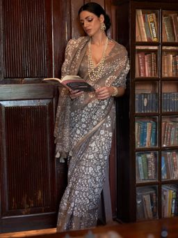 Akhilam - Women Cotton Blend Brown Printed Designer Saree With Unstitched Blouse Piece
