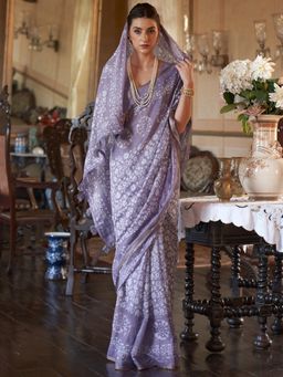 Akhilam - Women Cotton Blend Lavender Printed Designer Saree With Unstitched Blouse Piece