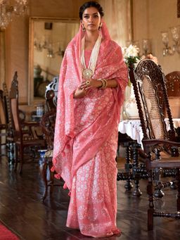 Akhilam - Women Cotton Blend Pink Printed Designer Saree With Unstitched Blouse Piece