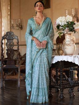 Akhilam - Women Cotton Blend Sea Green Printed Designer Saree With Unstitched Blouse Piece