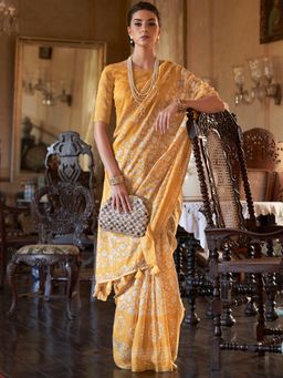 Akhilam - Women Cotton Blend Yellow Printed Designer Saree With Unstitched Blouse Piece