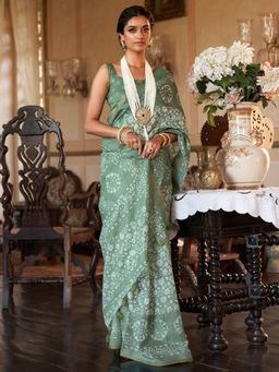 Akhilam - Women Cotton Blend Olive Printed Designer Saree With Unstitched Blouse Piece