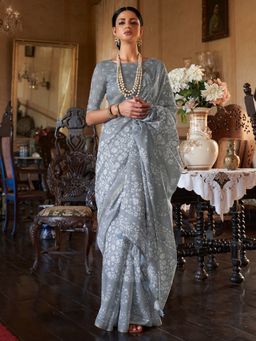 Akhilam - Women Cotton Blend Grey Printed Designer Saree With Unstitched Blouse Piece