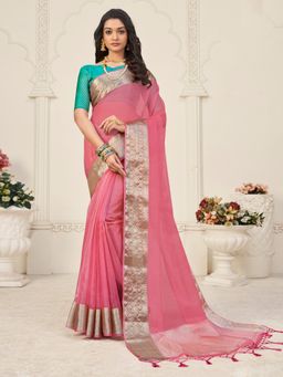 Akhilam - Women Organza Pink Woven Design Designer Saree With Unstitched Blouse Piece