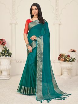 Akhilam - Women Organza Teal Blue Woven Design Designer Saree With Unstitched Blouse Piece