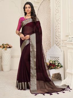 Akhilam - Women Organza Burgundy Woven Design Designer Saree With Unstitched Blouse Piece