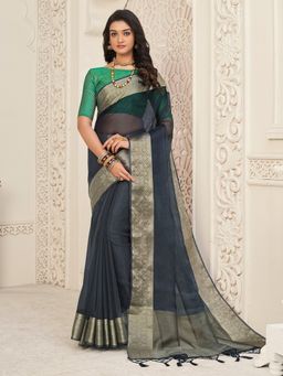 Akhilam - Women Organza Grey Woven Design Designer Saree With Unstitched Blouse Piece