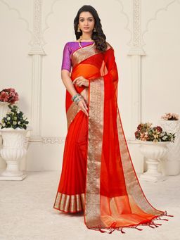 Akhilam - Women Organza Orange Woven Design Designer Saree With Unstitched Blouse Piece